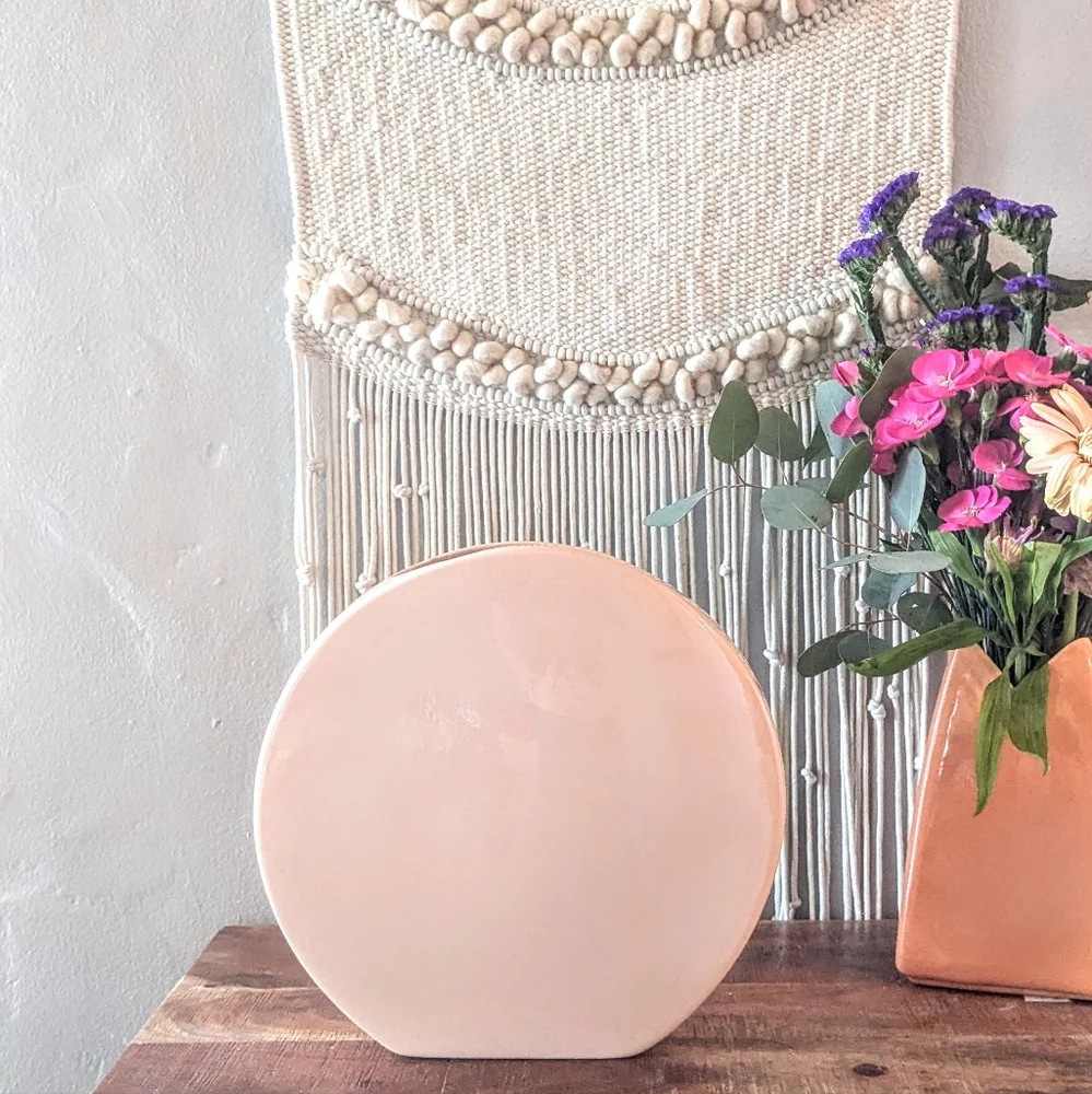 Vintage Ceramic Organic Modern Disc Coin Round Vase – 80s 90s – 10.5